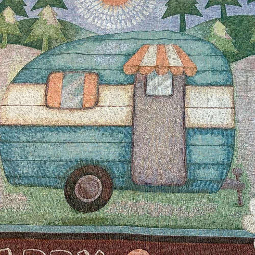 Happy Campers Woven Tapestry Throw Blanket Retro Camper Forest Sun Fringe 59x49